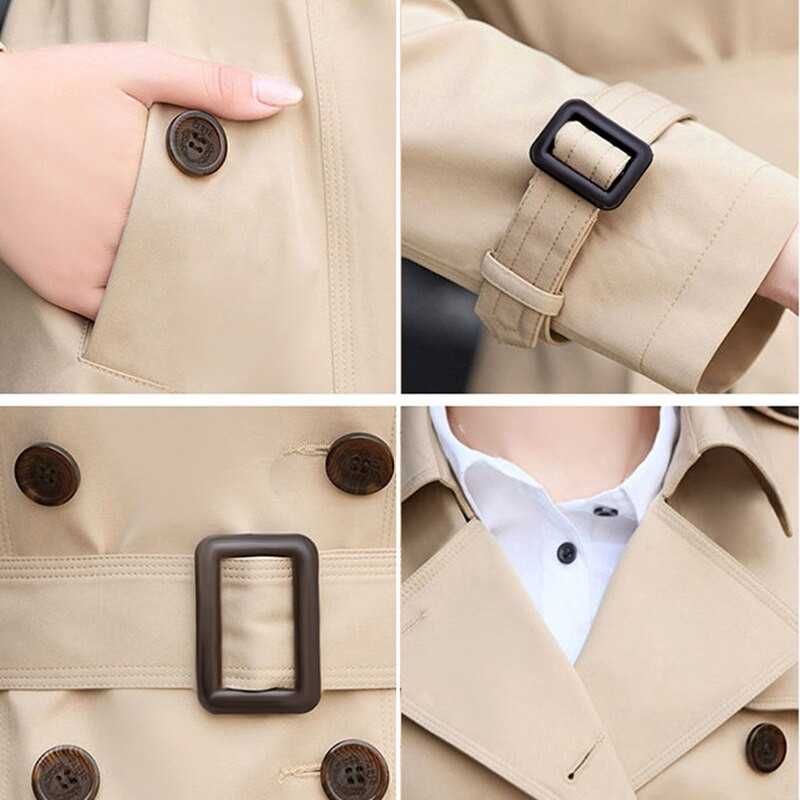 Hosszú, elegáns női kabát, lehúzható gallér, klasszikus széldzseki tavaszi őszi női duplasoros fekete kabát övvel