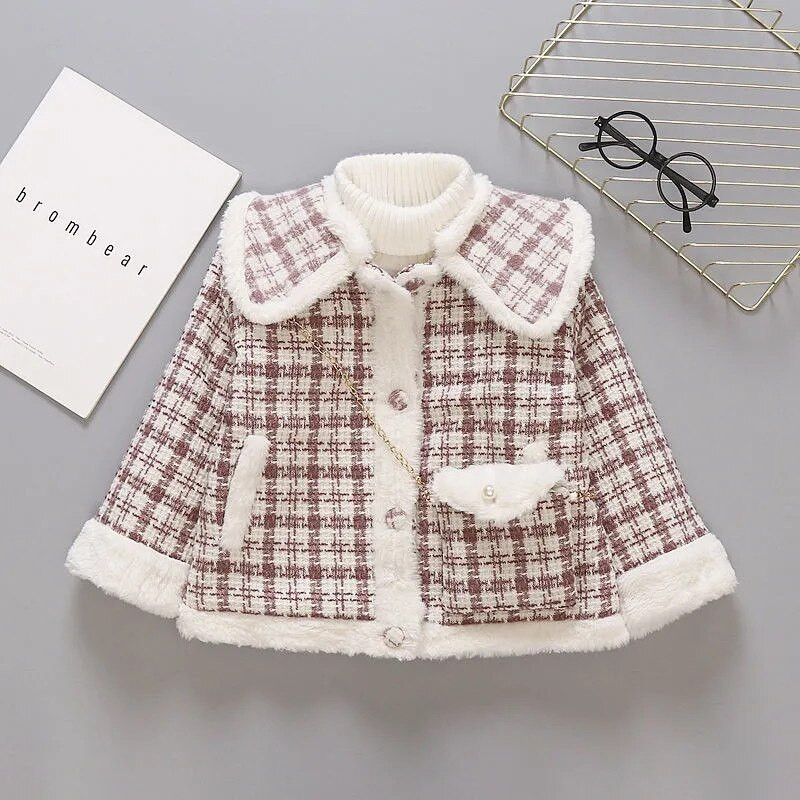 Φθινοπωρινά και χειμωνιάτικα παλτό για κορίτσια Καρό σακάκι Plus Velvet Thickening + Messenger Bag Korean Jacket Winter Coat+ Messenger Bag