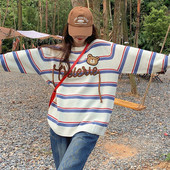 Lācis izšūts džemperis Sieviešu korejiešu modes svītraina apaļa apkakle brīva daudzpusīga pulovera džemperis koledžas stila saldais džemperis