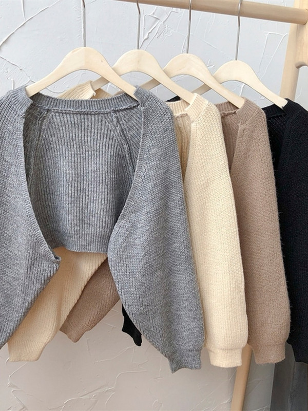 Νέες κοντές ζακέτες 2022 πλεκτές κομψές κορεάτικες γυναικείες πόντσο μόδας Φθινοπωρινές κομψές vintage μινιμαλιστικές γυναικείες μπλούζες