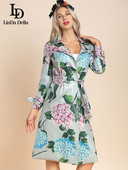 LD LINDA DELLA Runway Φθινοπωρινή χειμερινή μόδα PU Μακριά καμπαρντίνα Γυναικεία μακρυμάνικη vintage λουλούδια πανωφόρι με ζώνη