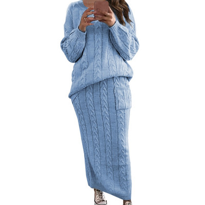 Jesen Zima Dvodijelni set Ženske zimske džemperi dugih rukava Set suknji pulover Topla pletena odjeća Top i kompleti hlača