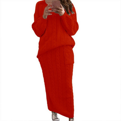 Jesen Zima Dvodijelni set Ženske zimske džemperi dugih rukava Set suknji pulover Topla pletena odjeća Top i kompleti hlača