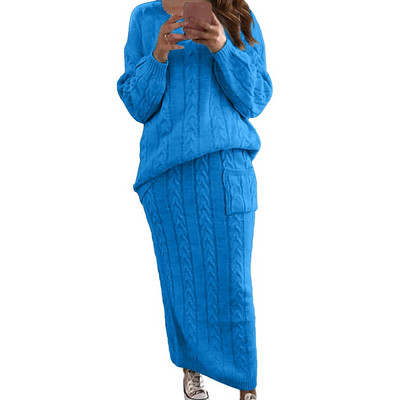 Jesen Zima Dvodijelni set Ženske zimske džemperi dugih rukava Set suknji pulover Topla pletena odjeća Top i kompleti hlača