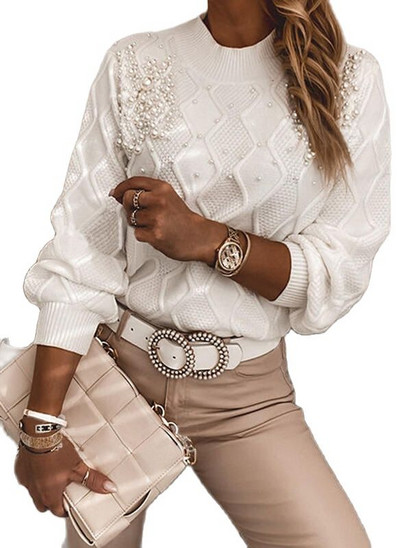 Γυναικείο πουλόβερ πουλόβερ 2022 φθινόπωρο και χειμώνα νέο πλεκτό πουλόβερ πέρλα πουλόβερ με ραφές μονόχρωμο χαλαρό πουλόβερ με στρογγυλή λαιμόκοψη