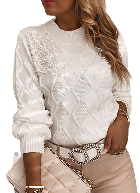 Γυναικείο πουλόβερ πουλόβερ 2022 φθινόπωρο και χειμώνα νέο πλεκτό πουλόβερ πέρλα πουλόβερ με ραφές μονόχρωμο χαλαρό πουλόβερ με στρογγυλή λαιμόκοψη