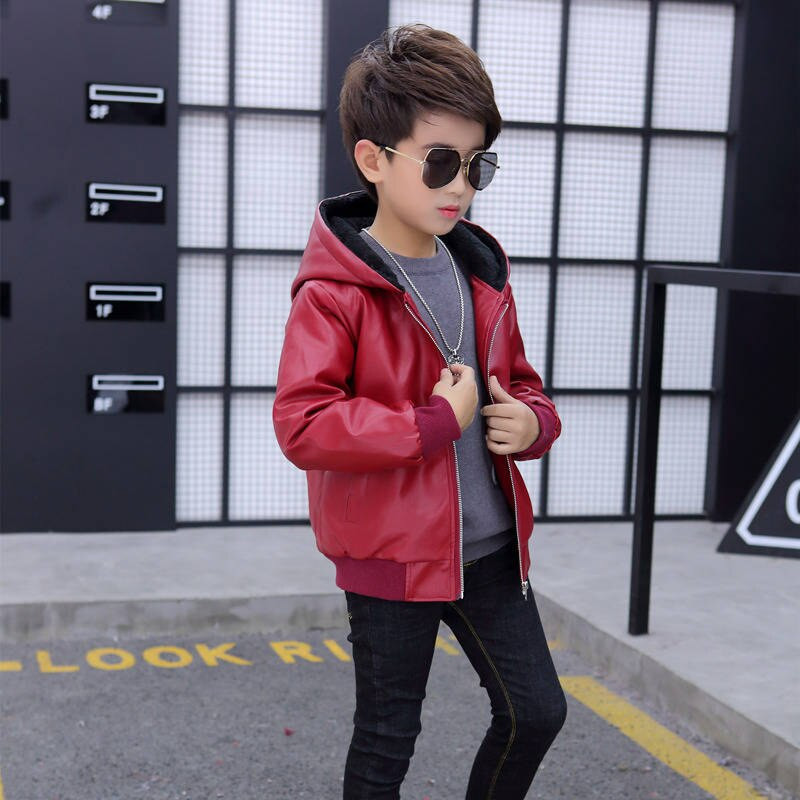 Χειμερινό PU Δερμάτινο Μπουφάν για αγόρι 2022 Κορεατική Έκδοση Plus Παλτό με βελούδινη χοντρή κουκούλα Όμορφα καθημερινά παιδικά ρούχα