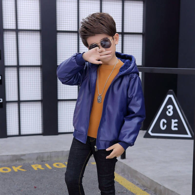 Χειμερινό PU Δερμάτινο Μπουφάν για αγόρι 2022 Κορεατική Έκδοση Plus Παλτό με βελούδινη χοντρή κουκούλα Όμορφα καθημερινά παιδικά ρούχα