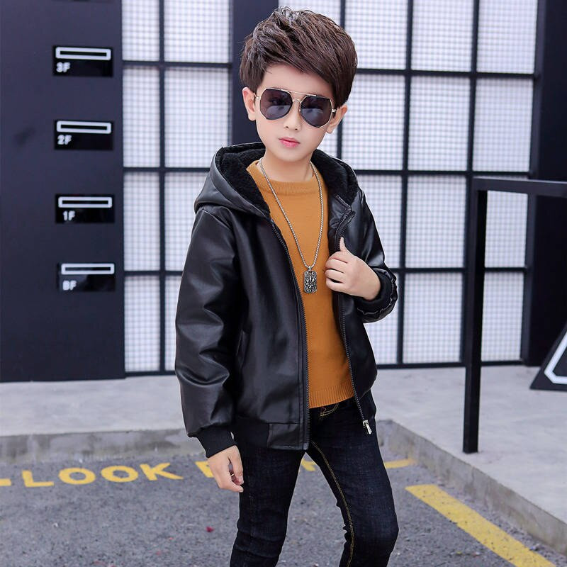 Χειμερινό PU Δερμάτινο Μπουφάν για αγόρι 2022 Κορεατική Έκδοση Plus Παλτό με βελούδινη χοντρή κουκούλα Όμορφα καθημερινά παιδικά ρούχα