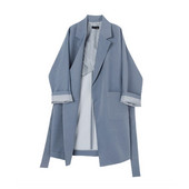 Ženski ležerni kaput srednje duljine britanskog stila s pojasom Plavi široki modni tanki kaput Kaput Vjetrovka Nova šik jakna 2022.