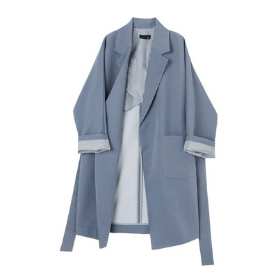 Ženski ležerni kaput srednje duljine britanskog stila s pojasom Plavi široki modni tanki kaput Kaput Vjetrovka Nova šik jakna 2022.