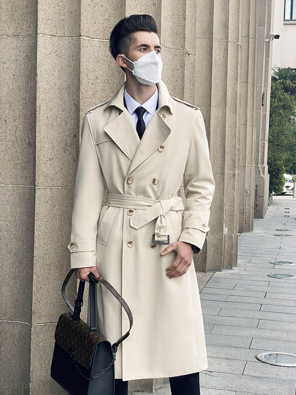 Super Long Windbreaker Ανδρική βρετανική καμπαρντίνα με διπλό στήθος μεσαίο γκρι μακρύ φόρεμα Άνοιξη Φθινόπωρο Νέα μόδα πάνω από το γόνατο