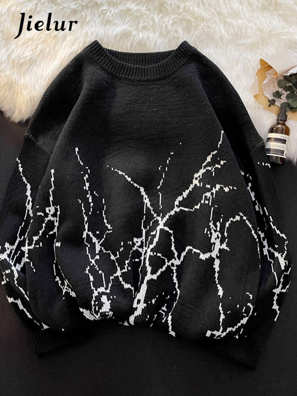 Jielur Ιαπωνικά πουλόβερ Γυναικεία ρούχα Vintage Harajuku Oversized μπλούζες μόδας πουλόβερ Streetwear Γοτθικό τύπωμα μαύρο πουλόβερ
