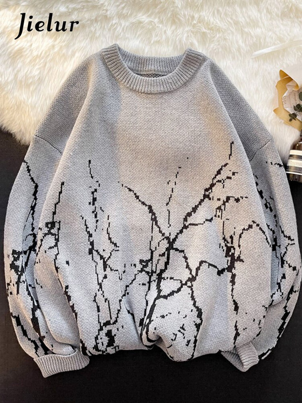 Jielur Ιαπωνικά πουλόβερ Γυναικεία ρούχα Vintage Harajuku Oversized μπλούζες μόδας πουλόβερ Streetwear Γοτθικό τύπωμα μαύρο πουλόβερ