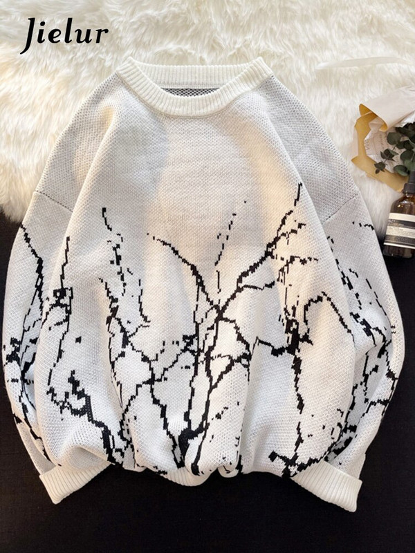 Jielur Ιαπωνικά πουλόβερ Γυναικεία ρούχα Vintage Harajuku Oversized μπλούζες μόδας πουλόβερ Streetwear Γοτθικό τύπωμα μαύρο πουλόβερ