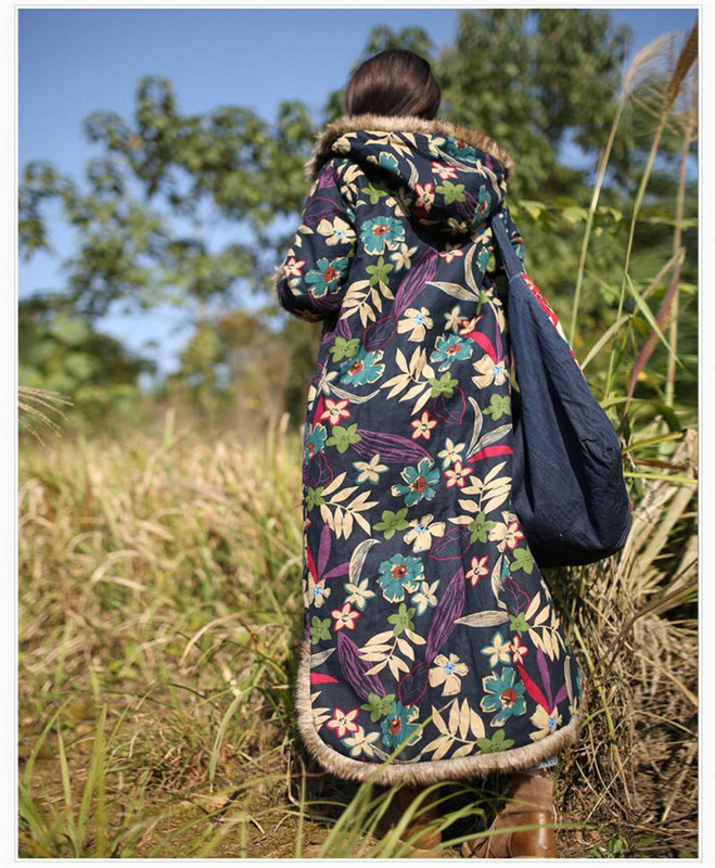 Etnikai stílusú Téli kabát Szőrmegallér Hosszú Porkabát Széldzseki Pamut vászon Vintage pamut párnázott ruhák Jaqueta Feminina f1859