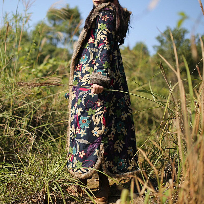 Etnikai stílusú Téli kabát Szőrmegallér Hosszú Porkabát Széldzseki Pamut vászon Vintage pamut párnázott ruhák Jaqueta Feminina f1859