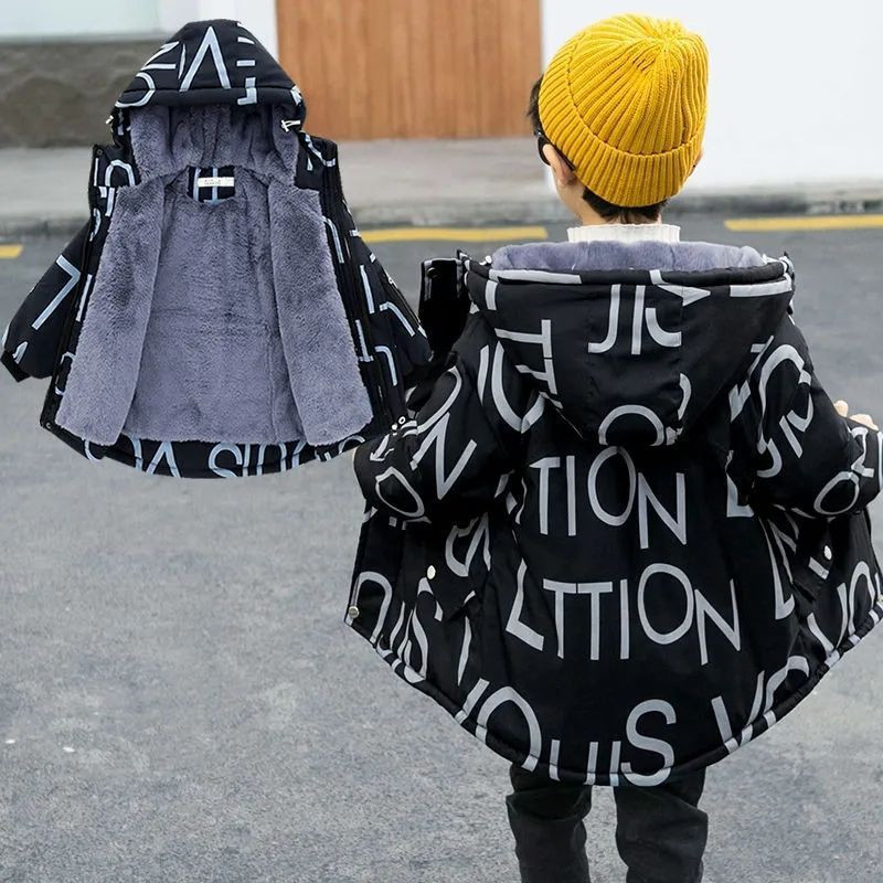 Χοντρό χειμωνιάτικο ζεστό μπουφάν για αγόρια Παλτό Μόδα γράμμα εκτύπωσης Μπουφάν με κουκούλα αντιανεμικό πανωφόρι για παιδιά ρούχα