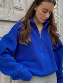 Polo apkakle, trikotāžas sieviešu džemperis, rudens ziemas brīvs ikdienas sieviešu džemperis, 2022. g. garām piedurknēm, silts, ciets rāvējslēdzēja džemperis