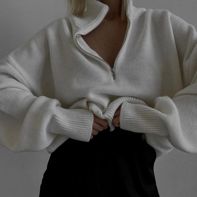 Polo apkakle, trikotāžas sieviešu džemperis, rudens ziemas brīvs ikdienas sieviešu džemperis, 2022. g. garām piedurknēm, silts, ciets rāvējslēdzēja džemperis