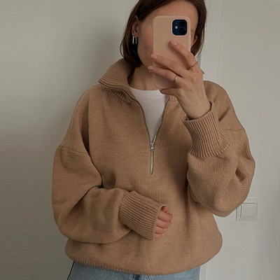 Polo apkakle, trikotāžas sieviešu džemperis, rudens ziemas brīvs ikdienas sieviešu džemperis, 2022. g. garām piedurknēm, silts, ciets rāvējslēdzēja džemperis