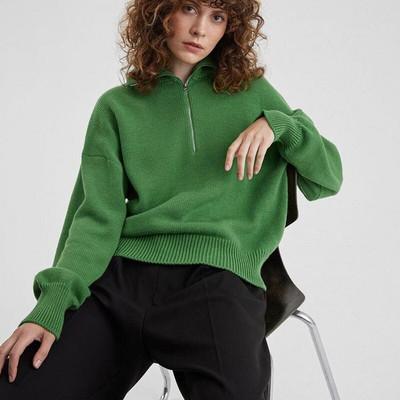 Polo apkakle, trikotāžas sieviešu džemperis, rudens ziemas brīvs ikdienas sieviešu džemperis, 2022. g. garām piedurknēm, silts, ciets rāvējslēdzēja džemperis