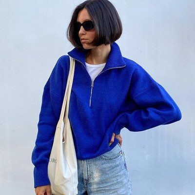 Polo apkakle, trikotāžas sieviešu džemperis, rudens ziemas brīvs ikdienas sieviešu džemperis, 2022. g. garām piedurknēm, silts, ciets rāvējslēdzēja džemperis