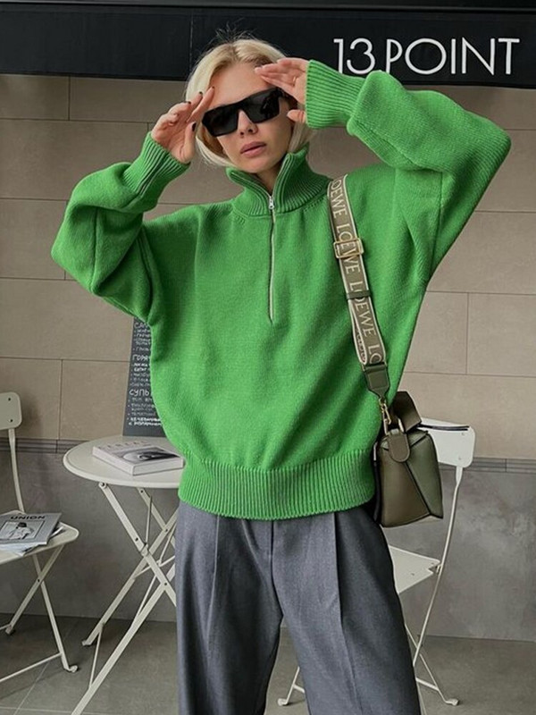 Polo apkakle, trikotāžas sieviešu džemperis, rudens ziemas brīvs ikdienas sieviešu džemperis, 2022. g. garām piedurknēm, silts, ciets rāvējslēdzēja džemperis