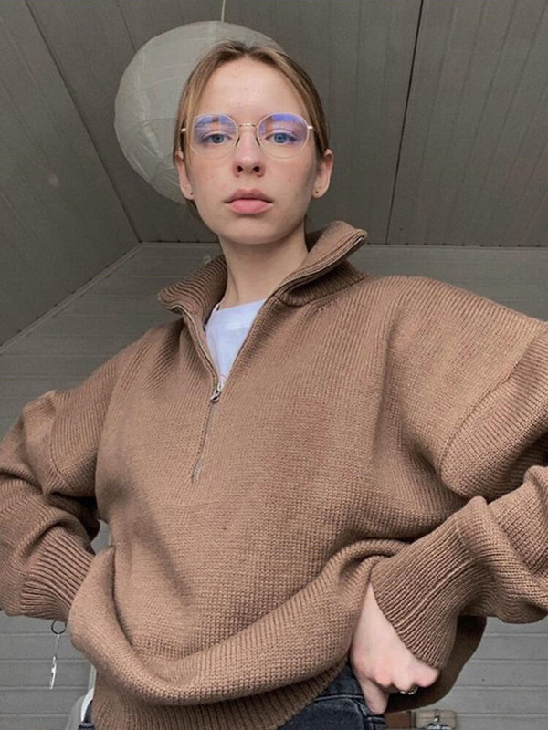 Polo apkakle, trikotāžas sieviešu džemperis, rudens ziemas brīvs ikdienas sieviešu džemperis, 2022. g. garām piedurknēm, silts, ciets rāvējslēdzēja džemperis