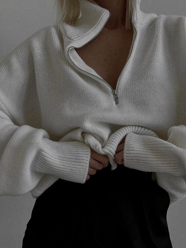 Polo apkakle, trikotāžas sieviešu džemperis, rudens ziemas brīvs ikdienas sieviešu džemperis, 2022. g. garām piedurknēm, silts, ciets rāvējslēdzēja džemperis
