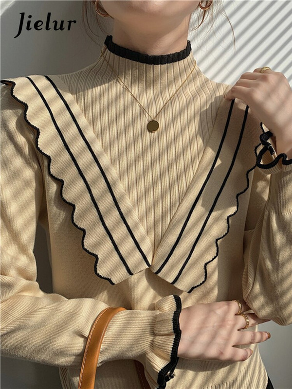 Jielur Moteriški megztiniai Liekni laisvalaikio megztiniai Korėjietiški madingi megztiniai megzti elegantiški moteriški viršutiniai juodi chaki spalvos trikotažai