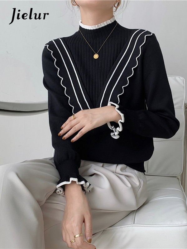 Jielur Moteriški megztiniai Liekni laisvalaikio megztiniai Korėjietiški madingi megztiniai megzti elegantiški moteriški viršutiniai juodi chaki spalvos trikotažai