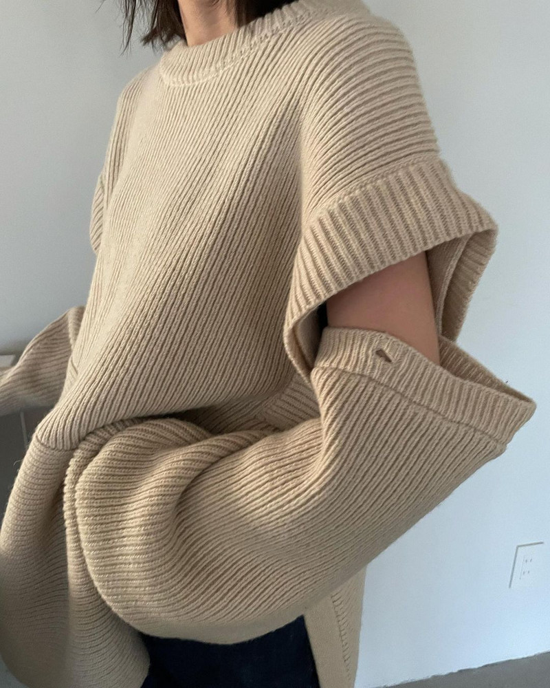 Kokvilnas džemperis ar garām piedurknēm Clane 2022. gada vasarā, jaunām sievietēm, brīvs, apaļš kakla izgriezums, divu apģērbu augšdaļas noņemams piedurkņu asimetrisks adījums