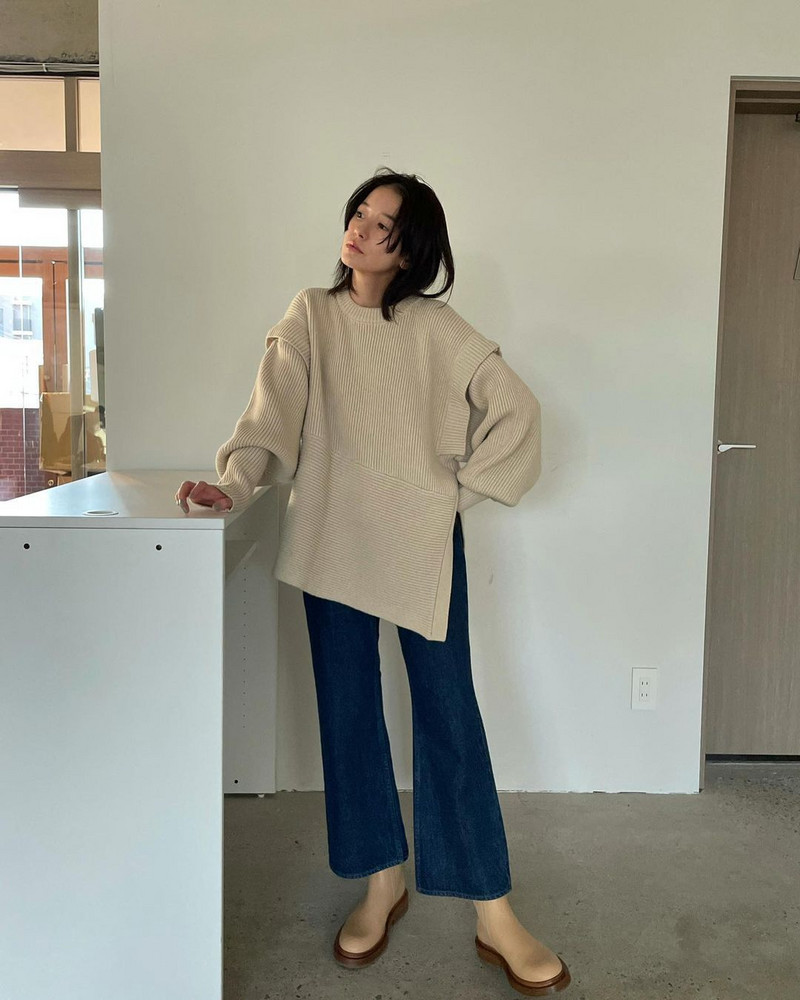 Kokvilnas džemperis ar garām piedurknēm Clane 2022. gada vasarā, jaunām sievietēm, brīvs, apaļš kakla izgriezums, divu apģērbu augšdaļas noņemams piedurkņu asimetrisks adījums