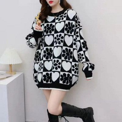 Vintage Πλεκτό Πλεκτό Γυναικείο Πουλόβερ Χειμώνας Φθινόπωρο Ζεστά Πουλόβερ πουλόβερ με λαιμόκοψη μακρύ χοντρό χαλαρό πουλόβερ Κορεατική μόδα