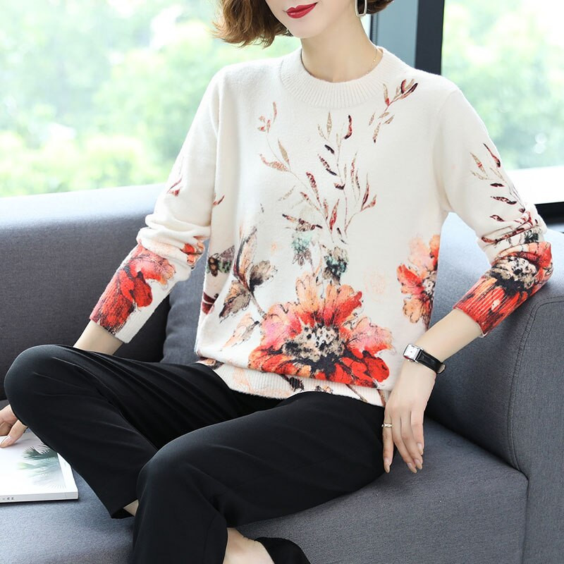 YISU Flowers εμπριμέ πουλόβερ πουλόβερ με λαιμόκοψη μακρυμάνικο μόδα Χαλαρό casual πουλόβερ Γυναικεία Φθινοπωρινή Χειμερινή απομίμηση μινκ πουλόβερ