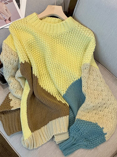 Brīvā laika O veida kakla kontrasta krāsas sieviešu džemperis ar garām piedurknēm, brīvs, mīksts kašmira džemperis.