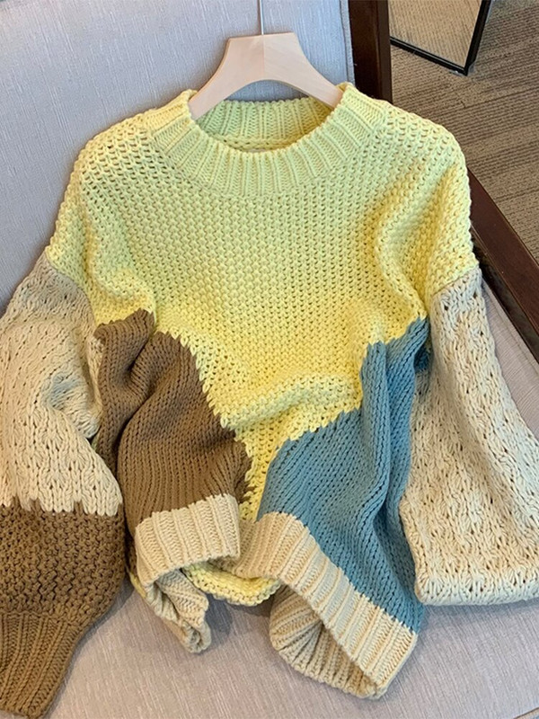 Brīvā laika O veida kakla kontrasta krāsas sieviešu džemperis ar garām piedurknēm, brīvs, mīksts kašmira džemperis.