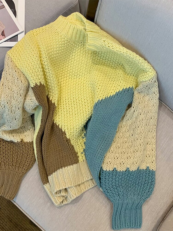 Brīvā laika O veida kakla kontrasta krāsas sieviešu džemperis ar garām piedurknēm, brīvs, mīksts kašmira džemperis.