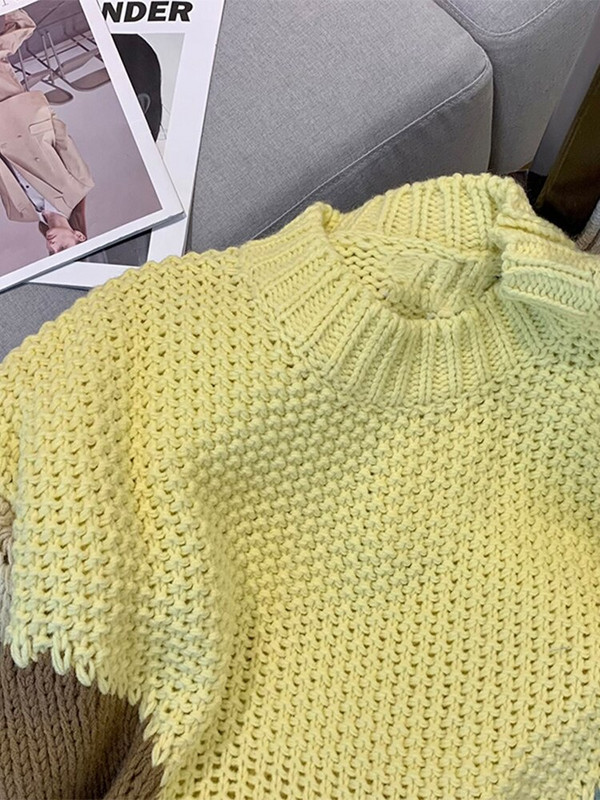 Brīvā laika O veida kakla kontrasta krāsas sieviešu džemperis ar garām piedurknēm, brīvs, mīksts kašmira džemperis.