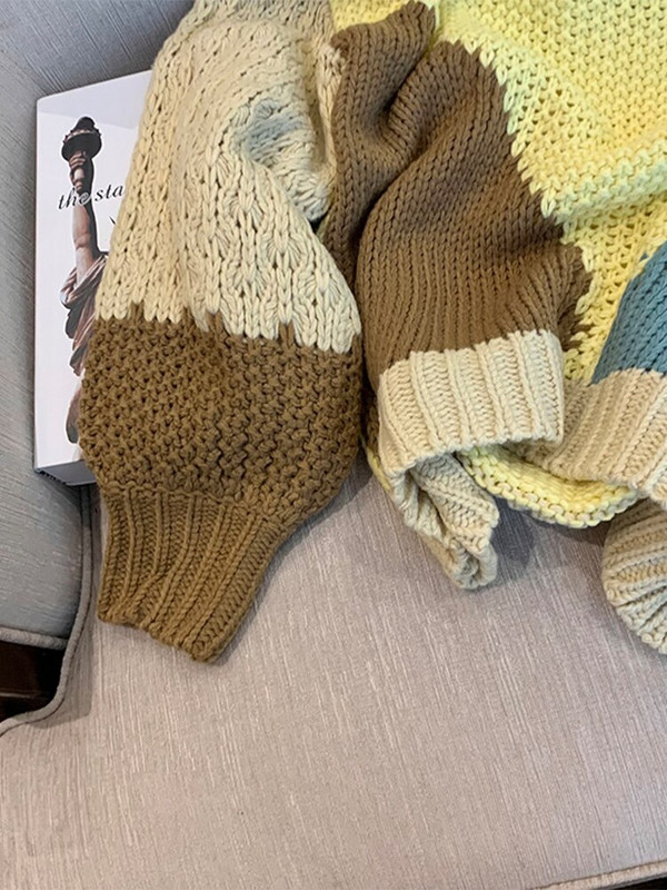 Brīvā laika O veida kakla kontrasta krāsas sieviešu džemperis ar garām piedurknēm, brīvs, mīksts kašmira džemperis.