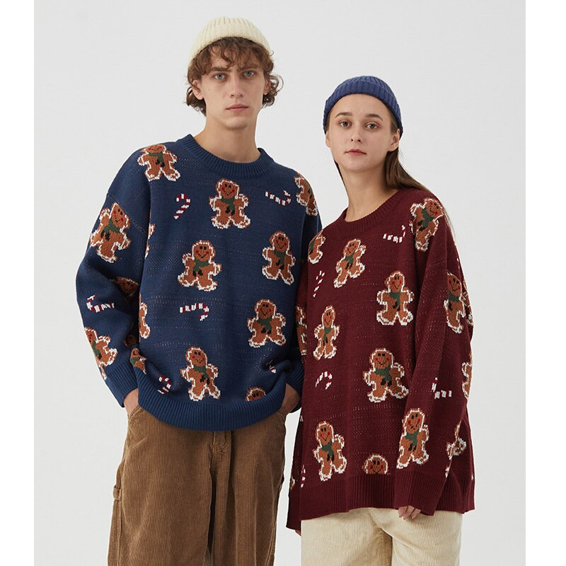 Kawaii πλεκτό μακρυμάνικο Crewnneck Ανδρικά και Γυναικεία Γραφικά ζαχαροκάλαμο από ζαχαροκάλαμο μελόψωμο Άνδρας ασορτί Χριστουγεννιάτικα πουλόβερ για ζευγάρι