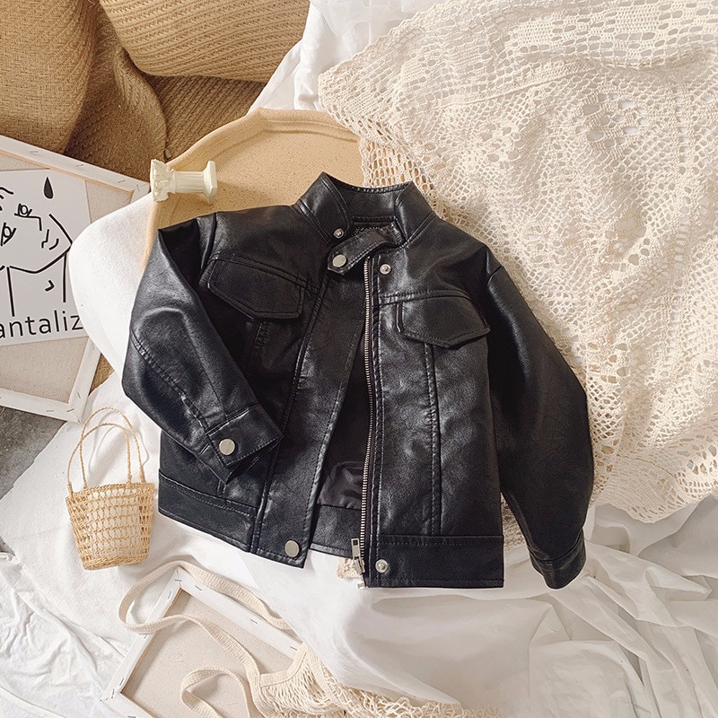 Kislány bőrkabát tavaszi őszi gyermek állógallér motoros ruházat gyerekeknek fekete felsőruházat kabát 1-7 éves korig