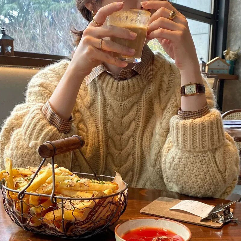 Vintage Twist Γυναικείο πουλόβερ 2022 Χειμώνας με μακρύ μανίκι με στρογγυλή λαιμόκοψη μαλακό καλώδιο πλεκτό ζεστό πουλόβερ ρετρό πλεκτό πουλόβερ