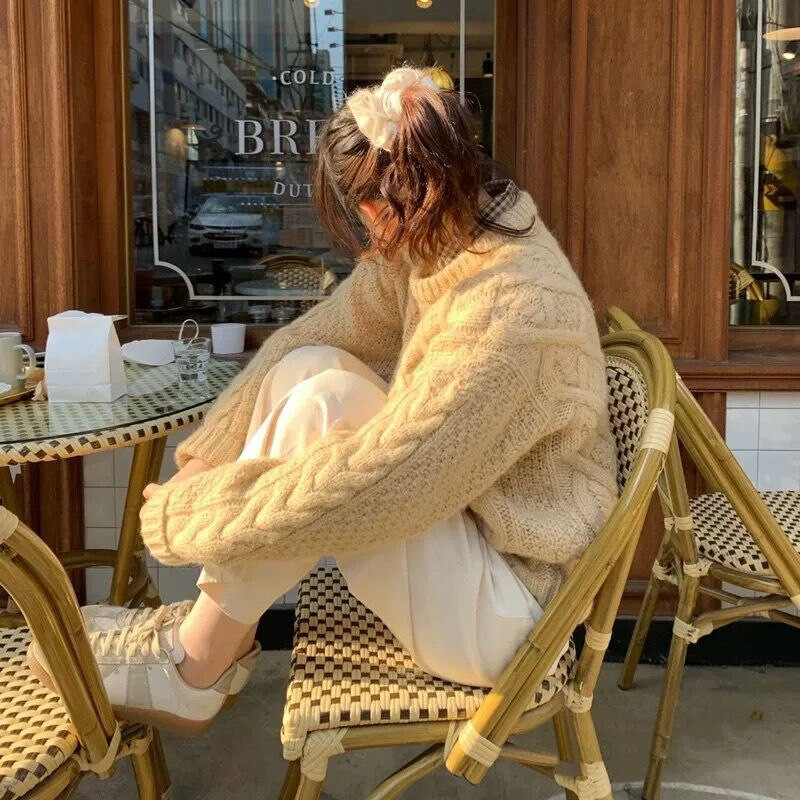 Vintage Twist Γυναικείο πουλόβερ 2022 Χειμώνας με μακρύ μανίκι με στρογγυλή λαιμόκοψη μαλακό καλώδιο πλεκτό ζεστό πουλόβερ ρετρό πλεκτό πουλόβερ