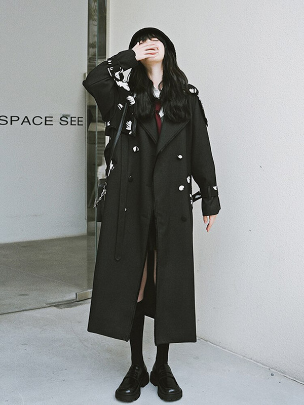 LANMREM melns sieviešu mētelis ar apdruku atloks ar divrindu šiks modes vidēja garuma vējjaka, sieviešu ielas apģērbs 2R5710