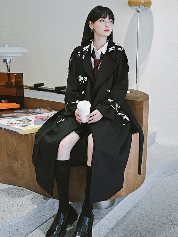 LANMREM melns sieviešu mētelis ar apdruku atloks ar divrindu šiks modes vidēja garuma vējjaka, sieviešu ielas apģērbs 2R5710