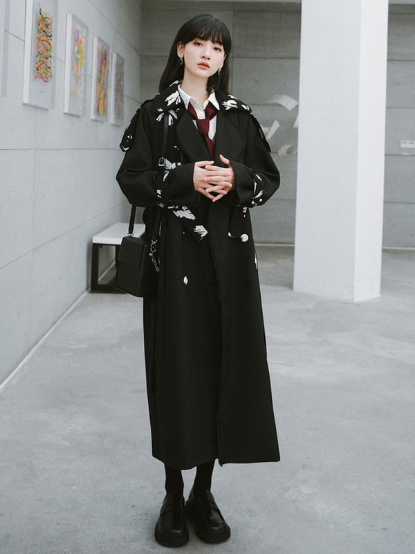 LANMREM melns sieviešu mētelis ar apdruku atloks ar divrindu šiks modes vidēja garuma vējjaka, sieviešu ielas apģērbs 2R5710