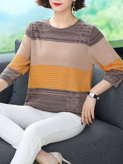 YISU Ženski jesenski pulover s O-izrezom i šavovima u boji Ženski džemper dugih rukava Široki ležerni pleteni pulover Ženska odjeća