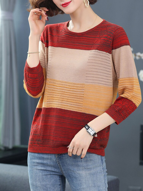 YISU Ženski jesenski pulover s O-izrezom i šavovima u boji Ženski džemper dugih rukava Široki ležerni pleteni pulover Ženska odjeća